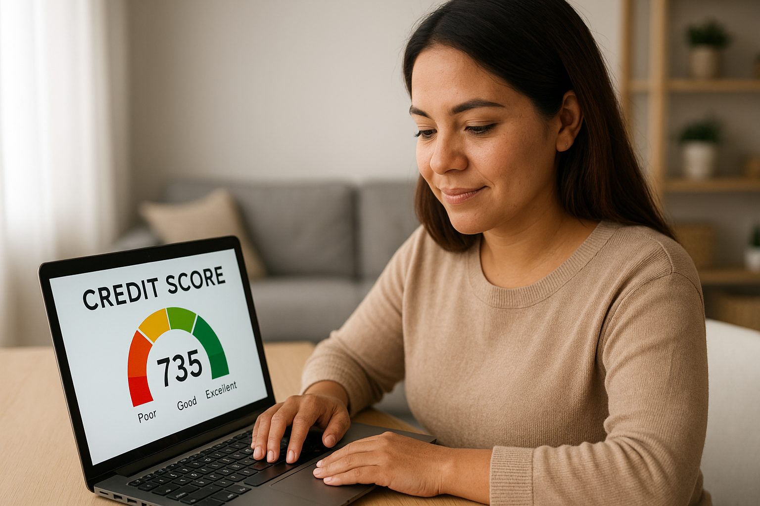 First-time buyer checking their credit score on a laptop before pre-approval.